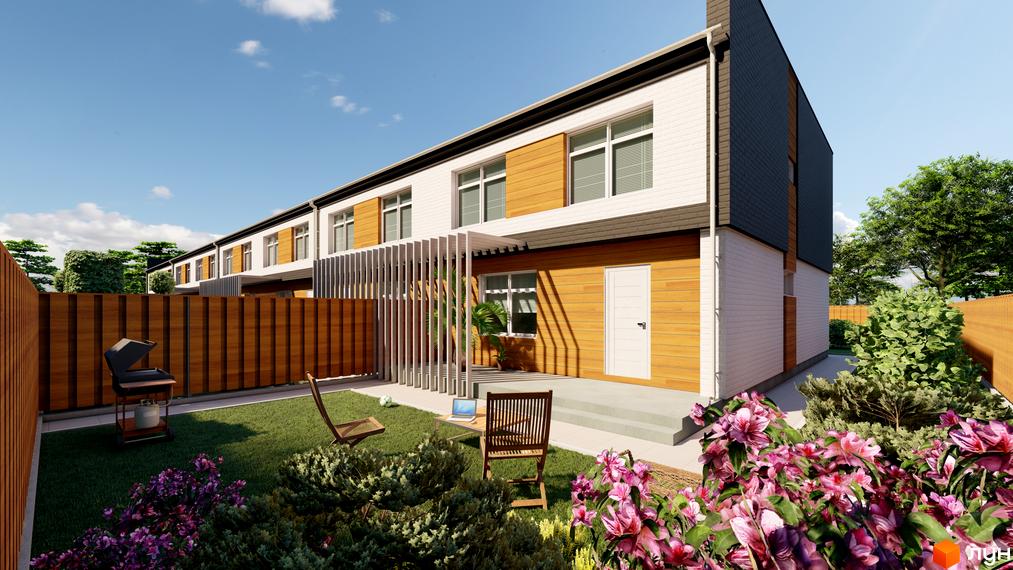 Таунхауси Forest House з дерев'яним фасадом та зеленим подвір'ям з барбекю та кріслами. Сучасний житловий комплекс з огородженою територією.