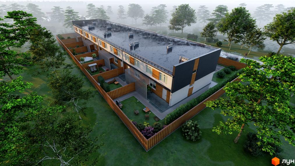 Таунхауси Forest House з дерев'яним парканом та зеленим газоном. Зовнішній вигляд будинку з білими стінами та темним дахом.