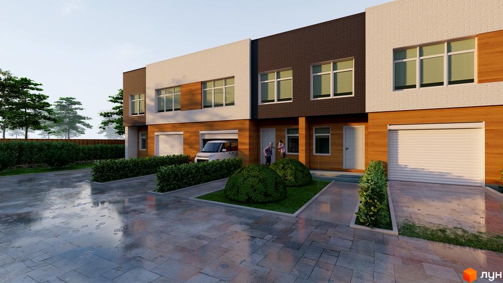 Таунхауси Forest House – це триповерхові будинки з цегляним фасадом та дерев'яними елементами, що розташовані на брукованій прибудинковій території з кущами та деревами.