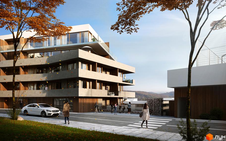 Комплекс MARVEL Hill з фасадами з дерева та бетону, балконами та терасами. Навколо - доглянута прибудинкова територія з деревами та пішохідними доріжками.