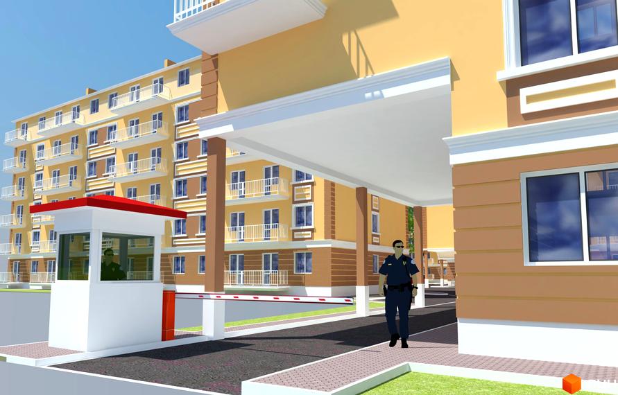 Житловий комплекс Новий Люстдорф: фасади жовтих багатоповерхових будинків з білими балконами, шлагбаум та будка охорони з охоронцем.