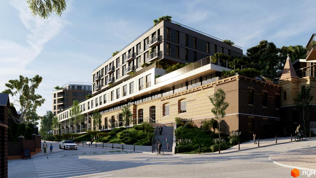 Апарт-готель PRAUD select: багатоповерхова будівля з терасами та зеленню, з цегляною нижньою частиною та сходами, що ведуть до входу. Прибудинкова територія з дорогою та пішохідною зоною.