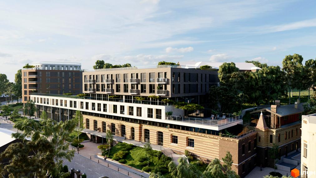 Апарт-готель PRAUD select: фасад будівлі з цегляною кладкою та сучасними елементами, тераси з зеленню та прибудинкова територія з ландшафтним дизайном.