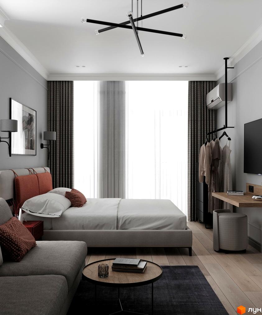 Інтер'єр спальні в апарт-готелі PRAUD select. Сучасна спальня з двоспальним ліжком, диваном та журнальним столиком.