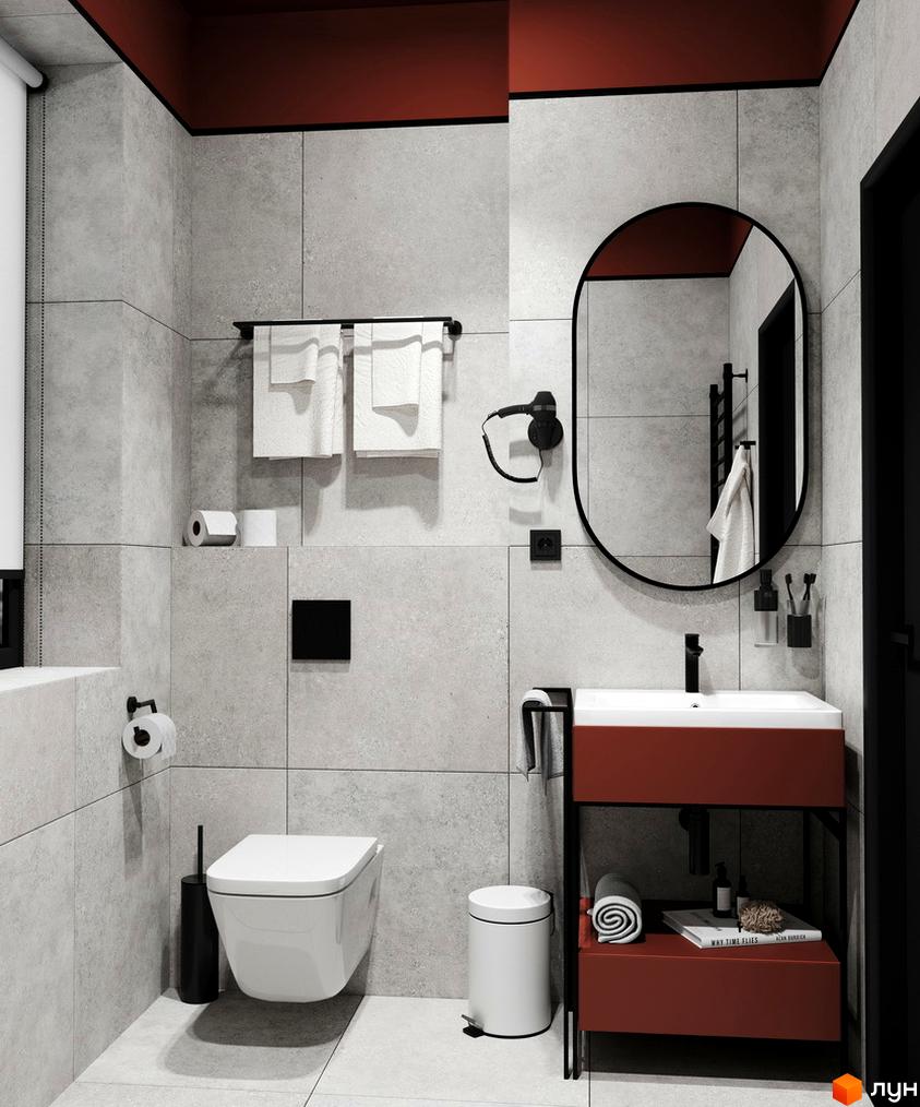 Сучасний дизайн ванної кімнати в апарт-готелі PRAUD select з сірою плиткою та червоними акцентами. Ванна кімната оснащена підвісним унітазом, раковиною на тумбі та великим дзеркалом.