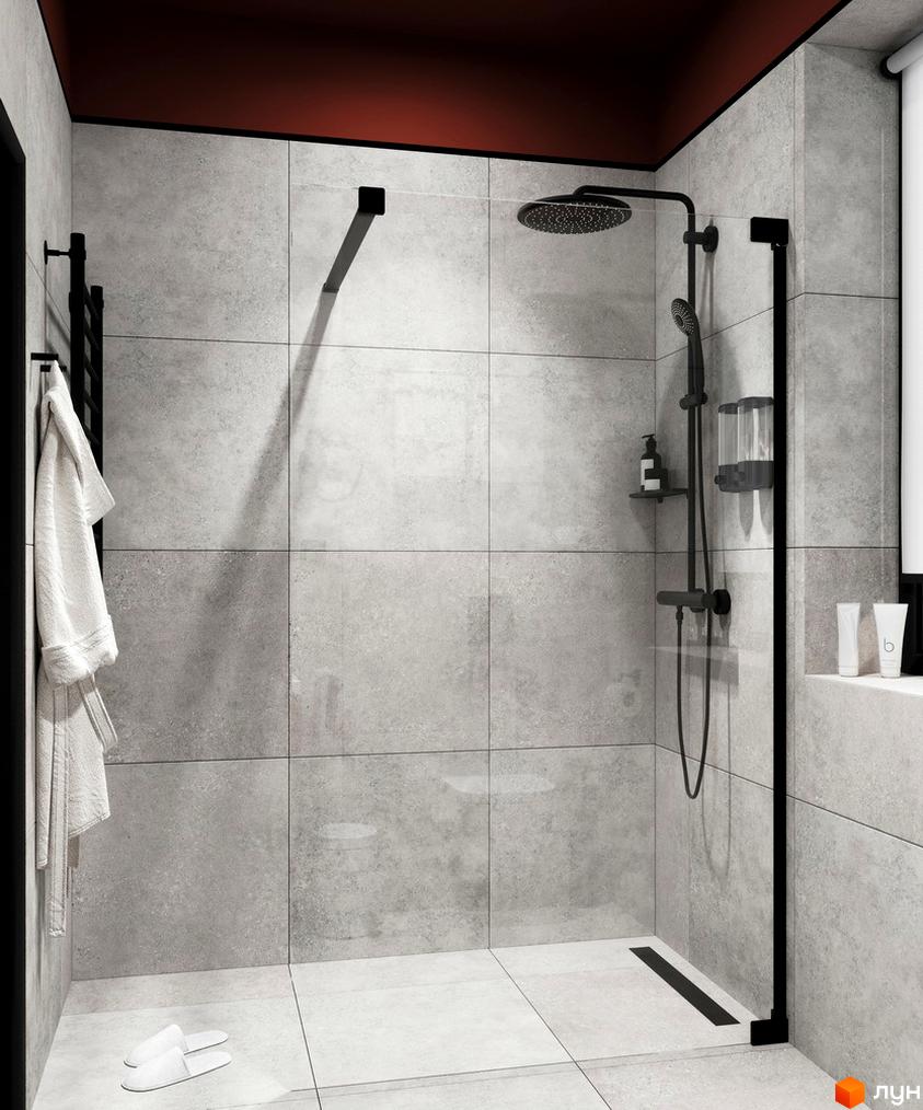 Сучасний дизайн ванної кімнати з сірою плиткою та душовою кабіною. Апарт-готель PRAUD select.
