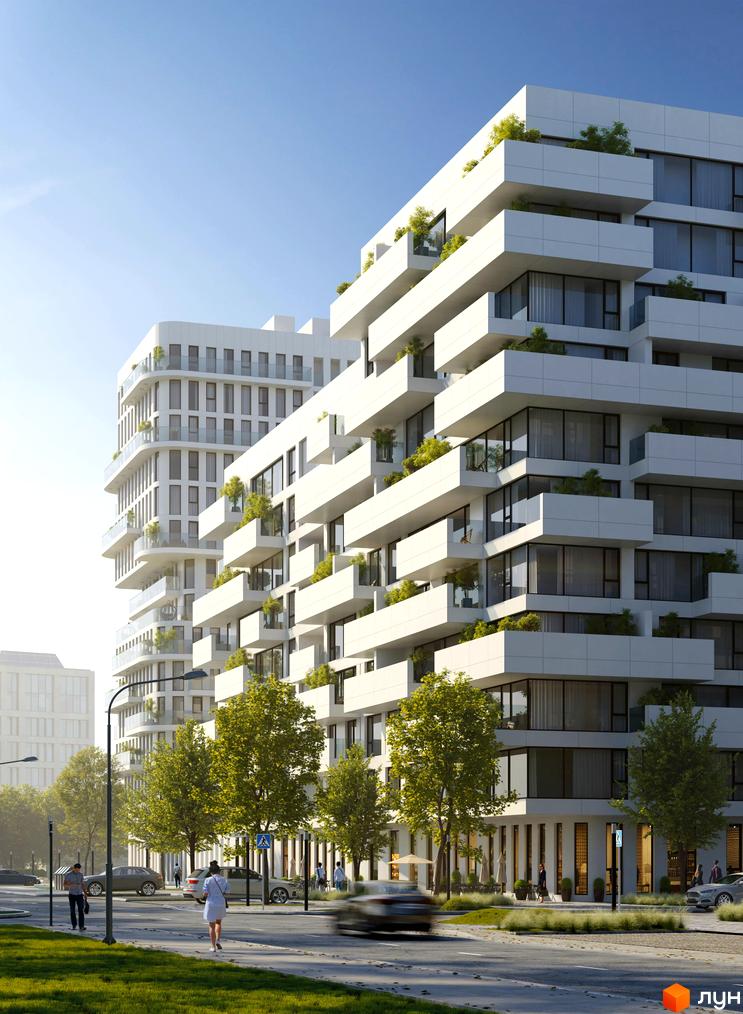Сучасний житловий комплекс Five Address з білими фасадами та балконами з деревами. Навколо комплексу зелена зона з деревами та доглянутою травою, тротуар та дорога з автомобілями.