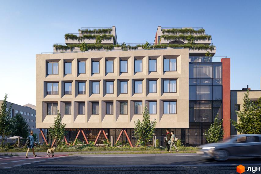 Зовнішній вигляд будівлі LEV LIFESTYLE HOTEL з великими вікнами та зеленими насадженнями на даху. На передньому плані люди та автомобіль.