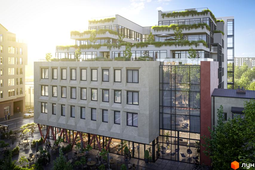 Багатоповерхова будівля LEV LIFESTYLE HOTEL з терасами та рослинами на даху. На першому поверсі розташовані вітрини, перед будівлею столики та зелені насадження.