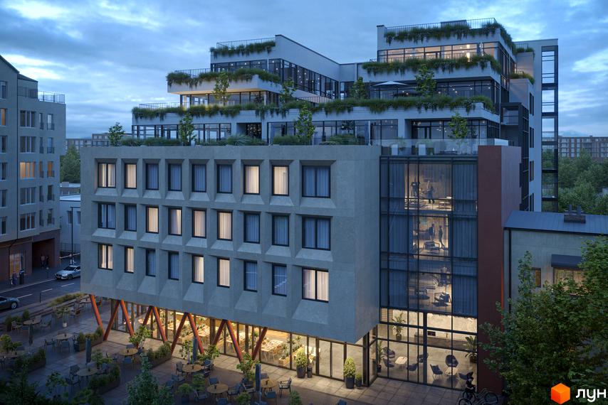 LEV LIFESTYLE HOTEL - будівля з великими вікнами та терасами, на яких висаджені рослини. На прибудинковій території столики та зелені насадження.
