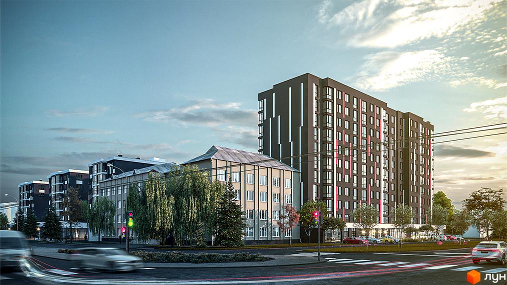 Житловий комплекс Union з темно-сірим фасадом, вертикальними білими та рожевими акцентами. На передньому плані дорога з автомобілями та зелені дерева.