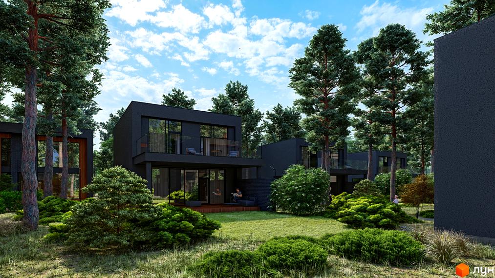 Котеджне містечко КМ Goodwill Residence з чорними фасадами та великими вікнами, оточене високими деревами та доглянутою зеленою територією.