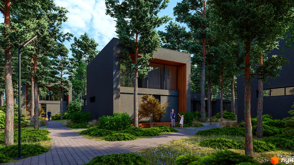 Зображення Котеджного містечка Goodwill Residence: двоповерховий будинок з великими вікнами, оточений сосновим лісом та зеленими насадженнями.