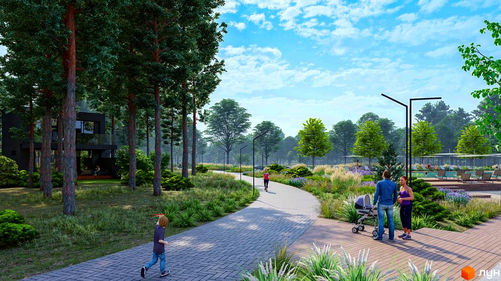 Котеджне містечко Goodwill Residence: сучасний чорний будинок серед сосен та упорядкована територія з доріжками, зонами відпочинку та басейном.