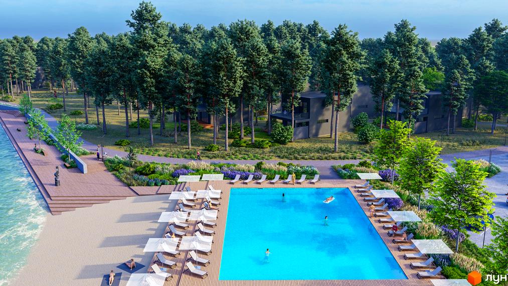 Котеджне містечко КМ Goodwill Residence з басейном та зоною відпочинку біля води серед соснового лісу. Сучасні будинки та доглянута територія для комфортного життя.