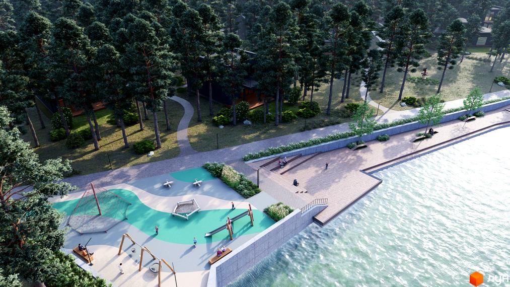 Котеджне містечко КМ Goodwill Residence з дитячим майданчиком та набережною біля лісу. Затишна територія для відпочинку та прогулянок біля води.