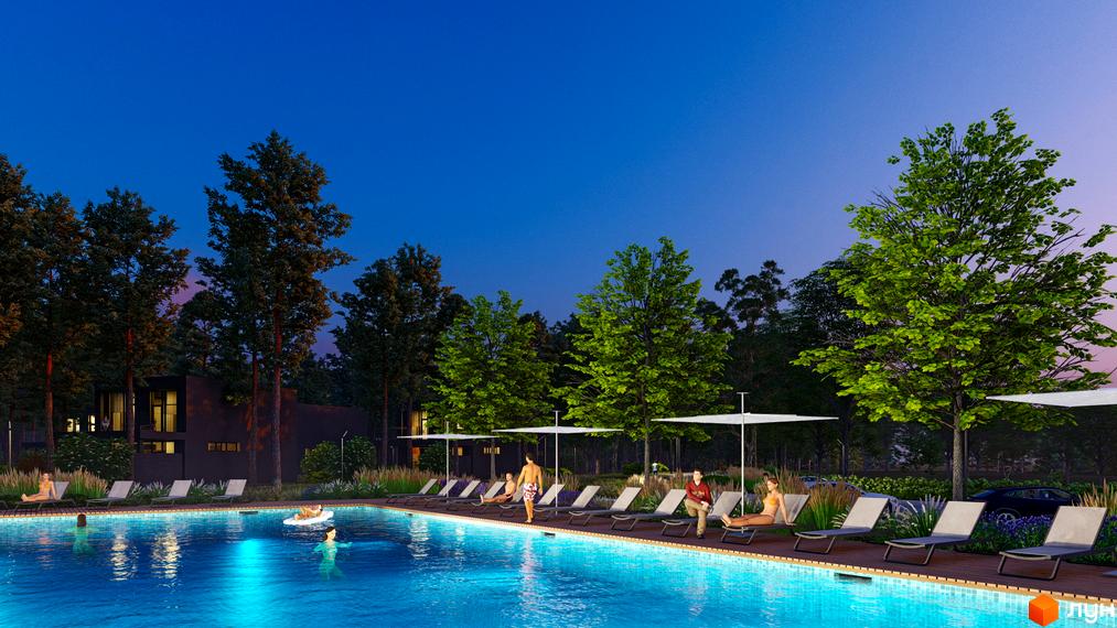 Котеджне містечко Goodwill Residence з басейном та зонами відпочинку. Навколо комплексу зелені дерева та сучасні будинки.