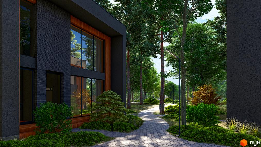 Котеджне містечко Goodwill Residence: двоповерхова будівля з чорної цегли та великими вікнами, оточена деревами та доглянутою територією з доріжками.