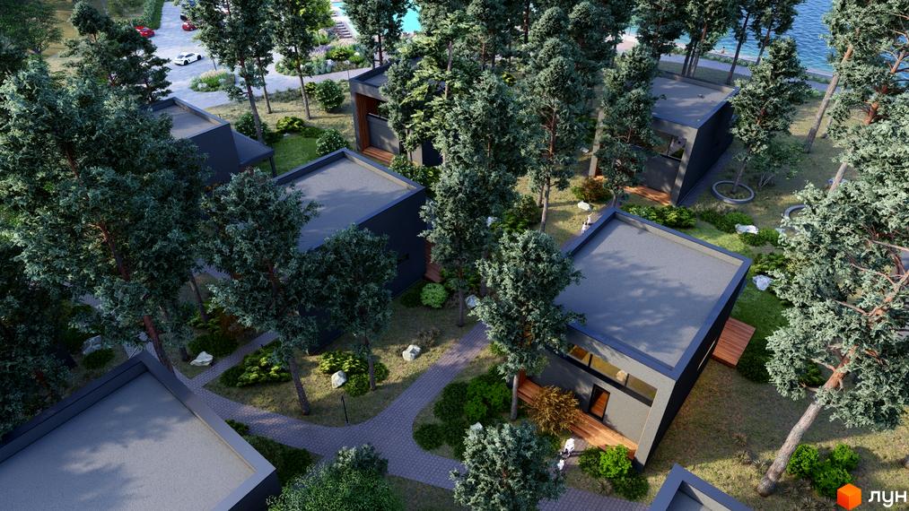 Котеджне містечко КМ Goodwill Residence з сучасними будинками та доглянутою прибудинковою територією з деревами та доріжками.