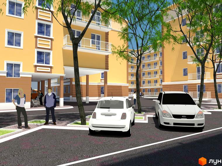 Житловий комплекс Новий Люстдорф. Зовнішній вигляд будівель з жовтим фасадом, балконами та парковкою з автомобілями.