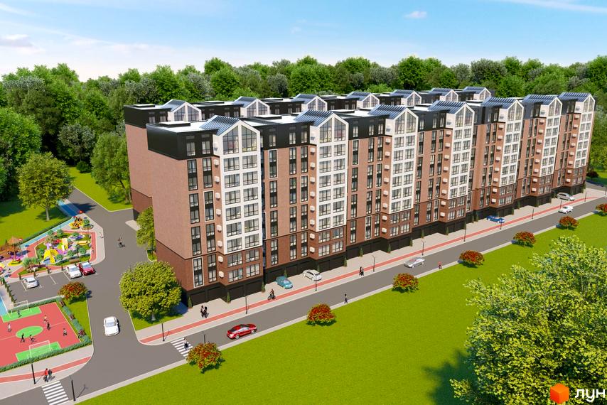Будівельний проєкт Avila Land – це багатоповерхові будинки з цегляним фасадом та панорамними вікнами, поруч розташований дитячий майданчик та спортивні зони.