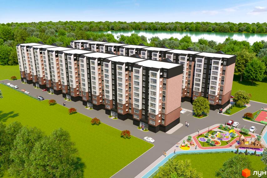Житловий комплекс Avila Land з багатоповерховими будинками та дитячим майданчиком на прибудинковій території. Зовнішній вигляд новобудови та облаштований простір для відпочинку.
