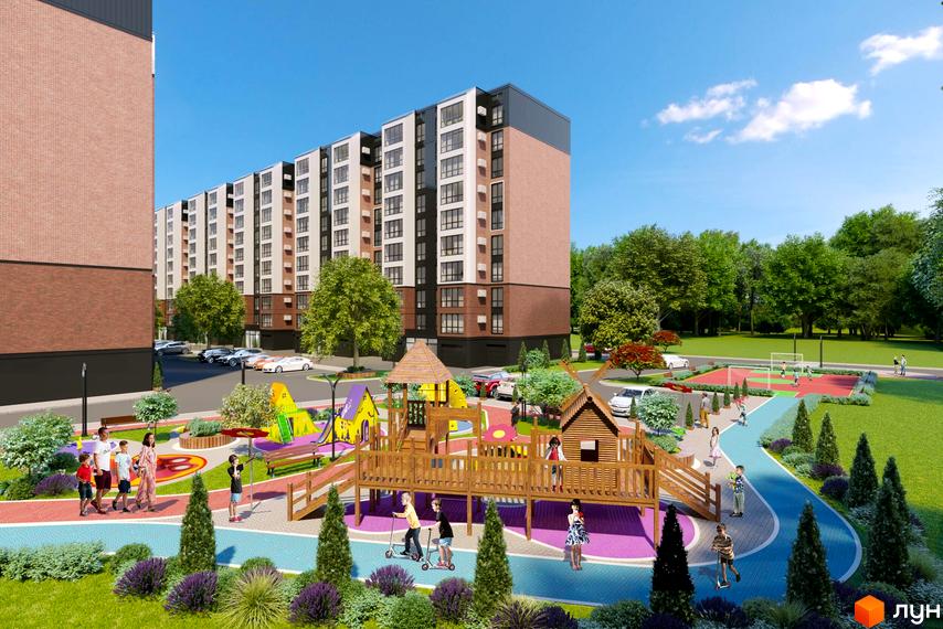 Житловий комплекс Avila Land з цегляним фасадом та дитячим майданчиком. На території розташовані зони для відпочинку та спортивні майданчики.