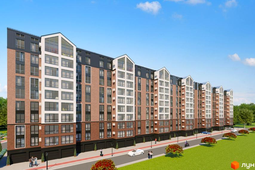 Житловий комплекс Avila Land - це багатоповерхова цегляна новобудова з великою кількістю вікон та виразними фронтонами, розташована біля зеленої зони з деревами та доглянутим газоном.