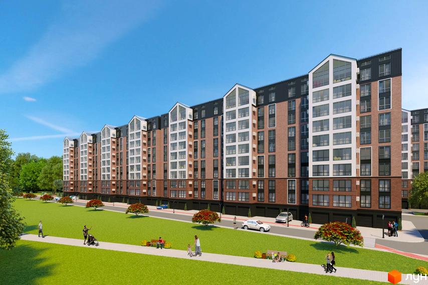 Житловий комплекс Avila Land - це багатоповерховий будинок з цегляним фасадом та панорамними вікнами, розташований біля зеленої зони з доріжками та місцями для відпочинку.