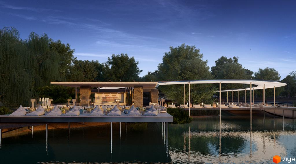 Vlasne Misto - сучасний житловий комплекс з відпочинковою зоною біля води. Набережна з лежаками та баром, оточена зеленню.