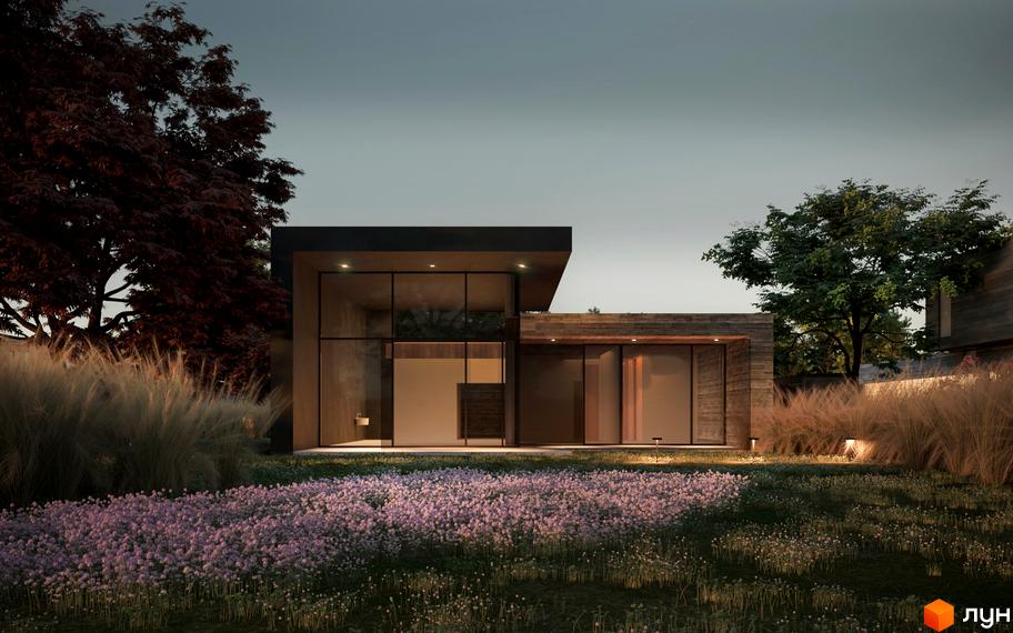 Сучасний будинок з панорамними вікнами та дерев'яними елементами фасаду, оточений ландшафтним дизайном з квітами та високою травою.