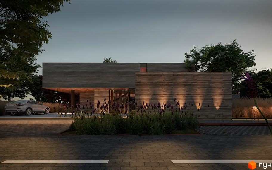 Сучасний будинок з дерев'яним фасадом та підсвіткою, оточений зеленню та квітами. Автомобіль припаркований біля входу.