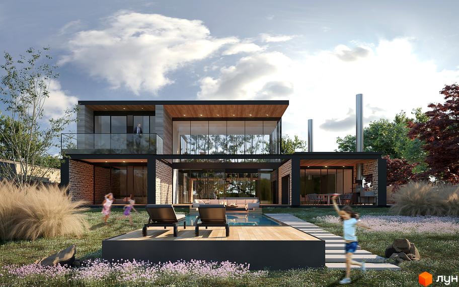 Будинок з панорамними вікнами, басейном та зоною відпочинку. На прибудинковій території граються діти та ростуть дерева.