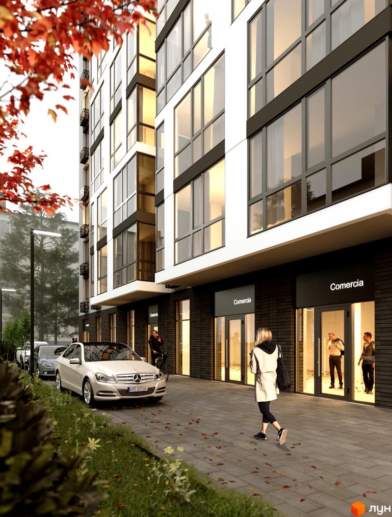 Житловий комплекс Статус. Фасад новобудови з великими вікнами та комерційними приміщеннями на першому поверсі. Поруч розташовані автомобілі та зелена зона.