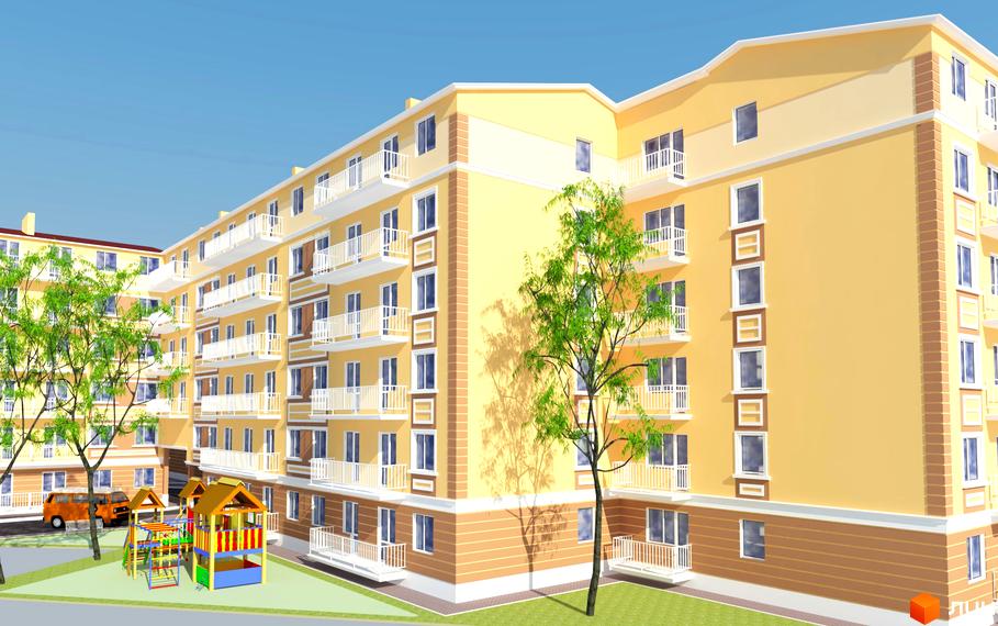 Зовнішній вигляд багатоповерхового будинку ЖК Новий Люстдорф з балконами та вікнами. Поруч дитячий майданчик та парковка.