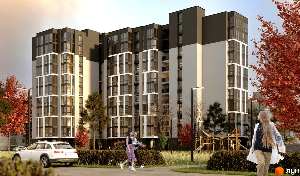 Новобудова ЖК Статус з великою кількістю вікон та балконів, поруч дитячий майданчик та осінні дерева.