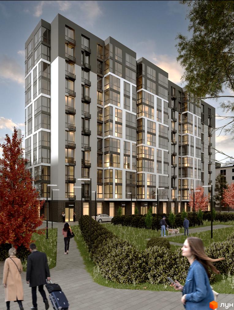 Новобудова ЖК Статус з панорамними вікнами та балконами, упорядкована прибудинкова територія з алеями та деревами.