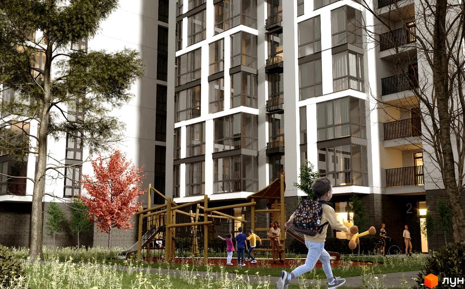 Житловий комплекс Статус з фасадами білого кольору та великими вікнами, дитячим майданчиком та зеленими насадженнями.