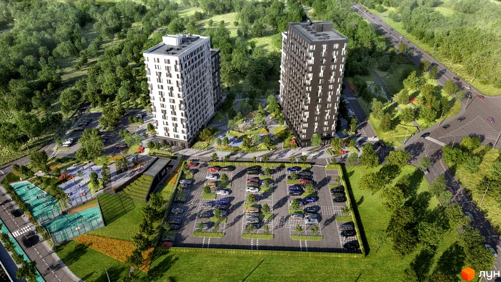 Житловий комплекс А+Я з двома висотними будинками та парковкою. На території комплексу є зелені зони, дитячі майданчики та зони відпочинку.