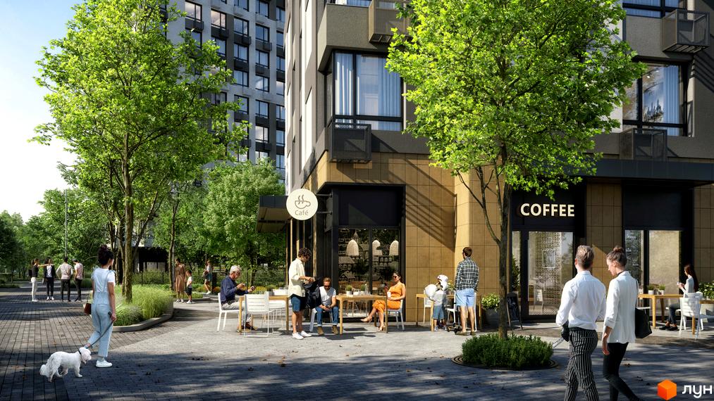 Житловий комплекс А+Я з кав'ярнею на першому поверсі. На вулиці облаштована зона відпочинку з деревами, лавками та тротуарами.