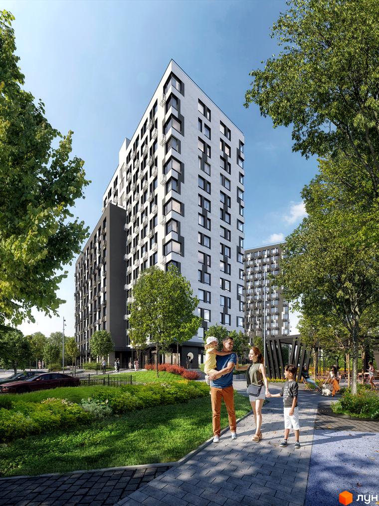 Зображення Житлового комплексу A+Я. Високий будинок з білим фасадом та великими вікнами, поруч зелена територія з доріжками та деревами.