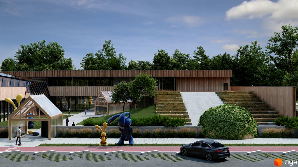 Сучасна новобудова Vlasne Misto з дерев'яним фасадом та терасами, прибудинкова територія з дитячими майданчиками та зеленими зонами.