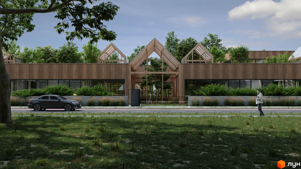 Vlasne Misto - новобудова з дерев'яними елементами фасаду та великими вікнами, оточена зеленню. Навколо комплексу доглянута територія з деревами та газонами.