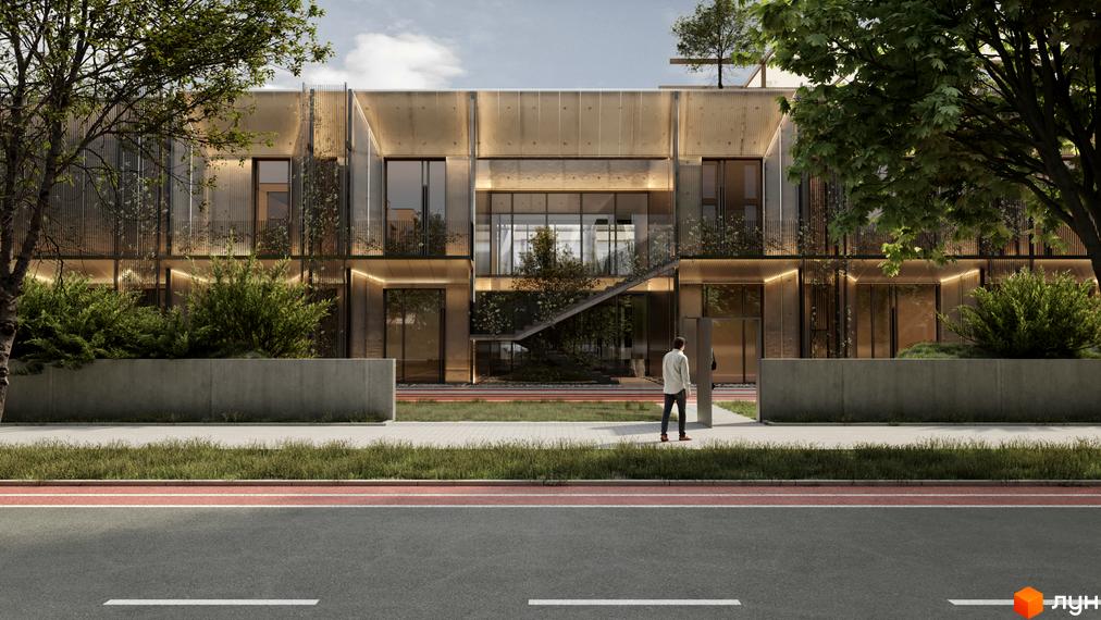 Фасад житлового комплексу Vlasne Misto з великою кількістю скла та зелені. Перед будинком розташована доглянута прибудинкова територія з деревами та газоном.