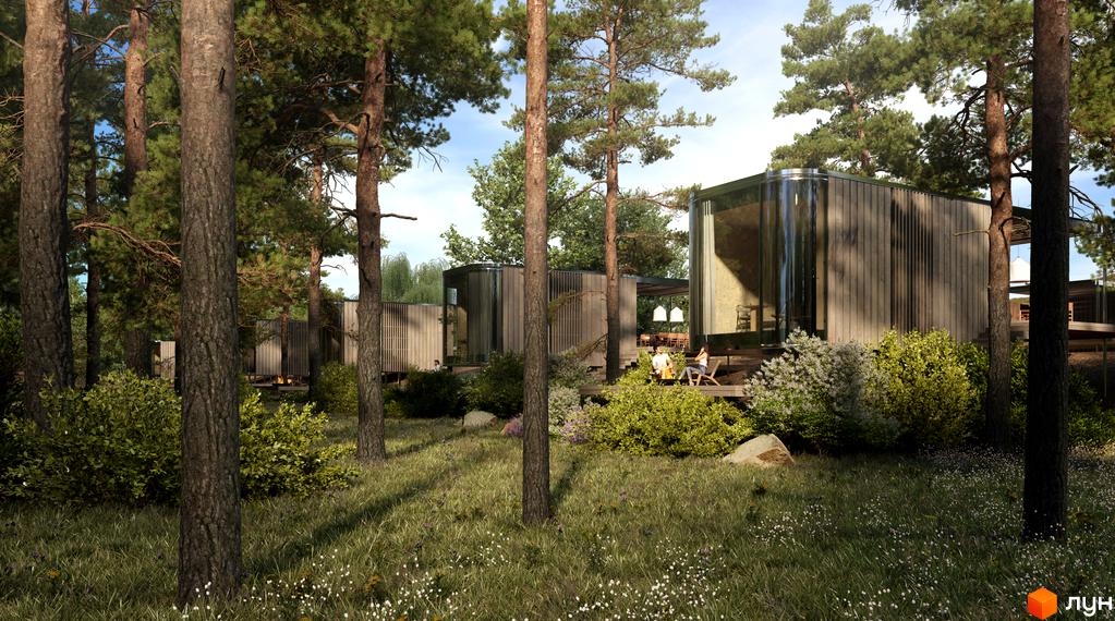 Будинок у лісі з дерев'яною обшивкою та панорамними вікнами. Навколо будинку зелені насадження та галявина з травою.