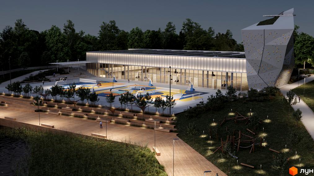 Сучасний спортивний комплекс з баскетбольними майданчиками та скеледромом. Прибудинкова територія з місцями для відпочинку та освітленням.