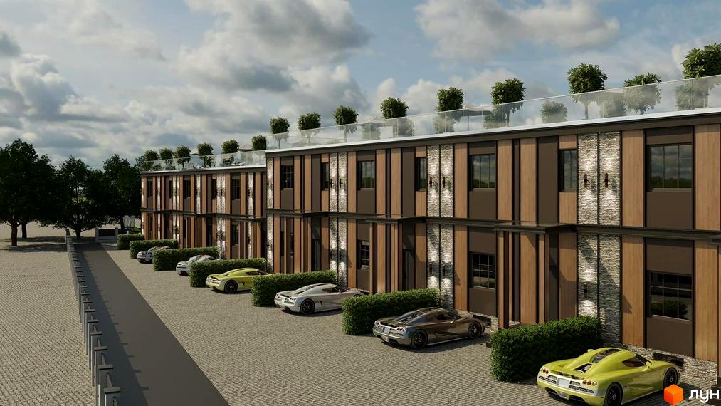 Таунхаус „Солов'їний“ з дерев'яними фасадами та скляними балконами, прибудинкова територія з парковкою та спортивними автомобілями.