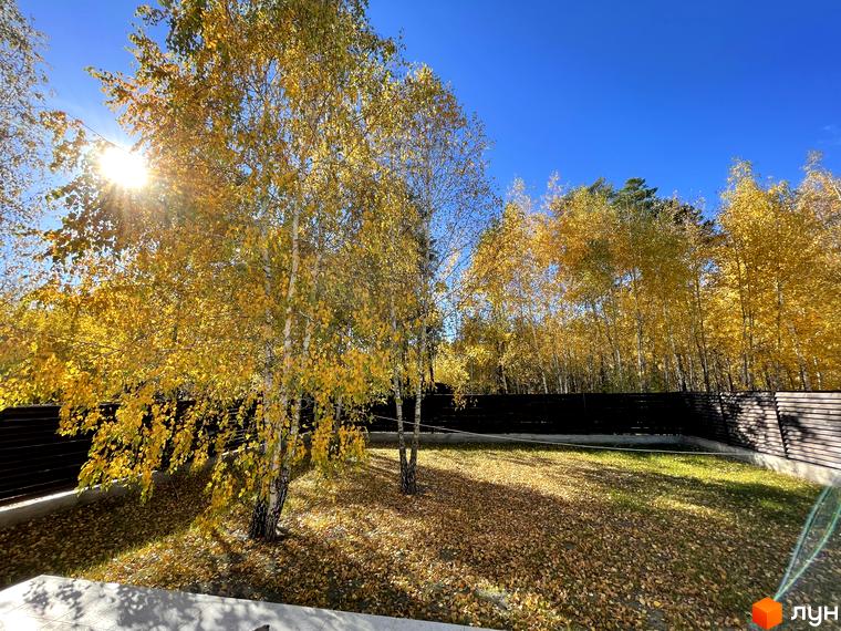 КМ ForestK - котеджне містечко з осінніми деревами та зеленим газоном. Навколо приватна територія з дерев'яним парканом.