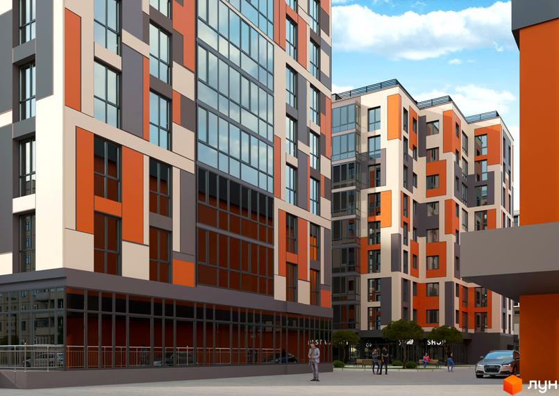 Житловий комплекс Orange City: багатоповерхові будинки з помаранчевими, сірими та світлими фасадами. На першому поверсі комерційні зони.