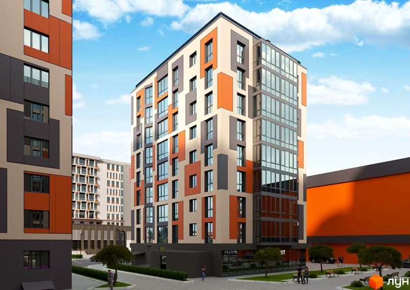 Житловий комплекс Orange City: багатоповерховий будинок з фасадом у бежевих, сірих та помаранчевих тонах. Прибудинкова територія з деревами та лавками.